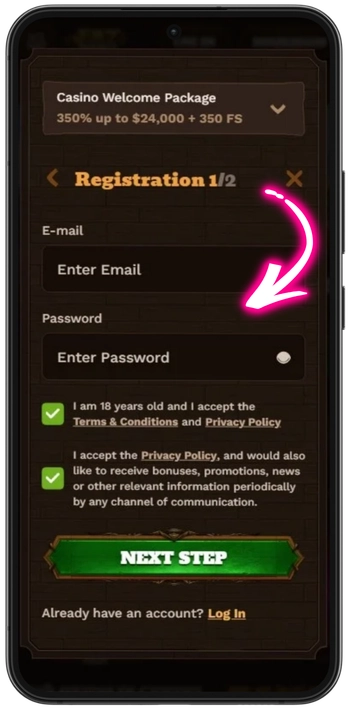 Cash Eruption slot account registration form fields