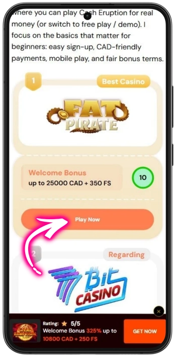 Cash Eruption licensed Canadian casino selection page
